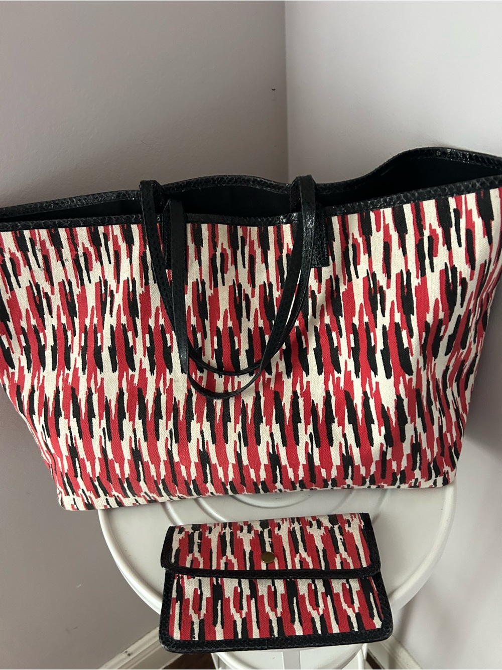 Beirn Canvas Tote Bag with Snakeskin Leather Trimming